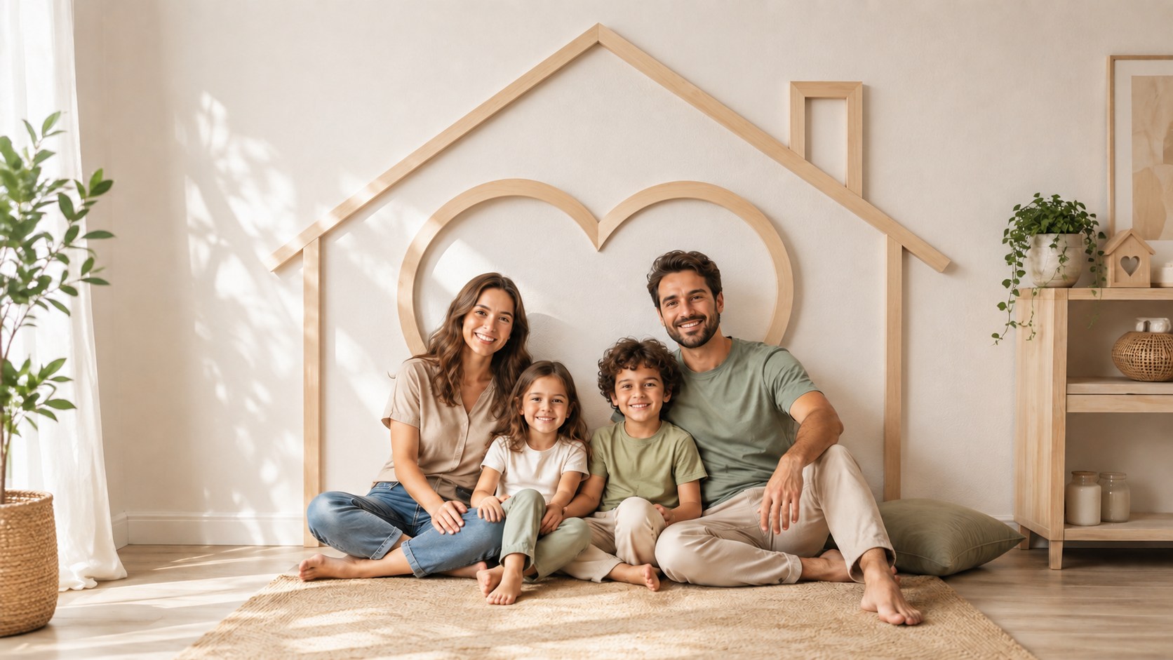 Une famille souriante réunie dans un intérieur lumineux, devant une forme de maison et de cœur en bois