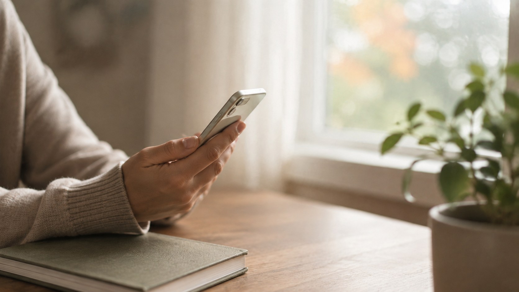 Une personne consulte son téléphone près d’un cahier dans un intérieur lumineux