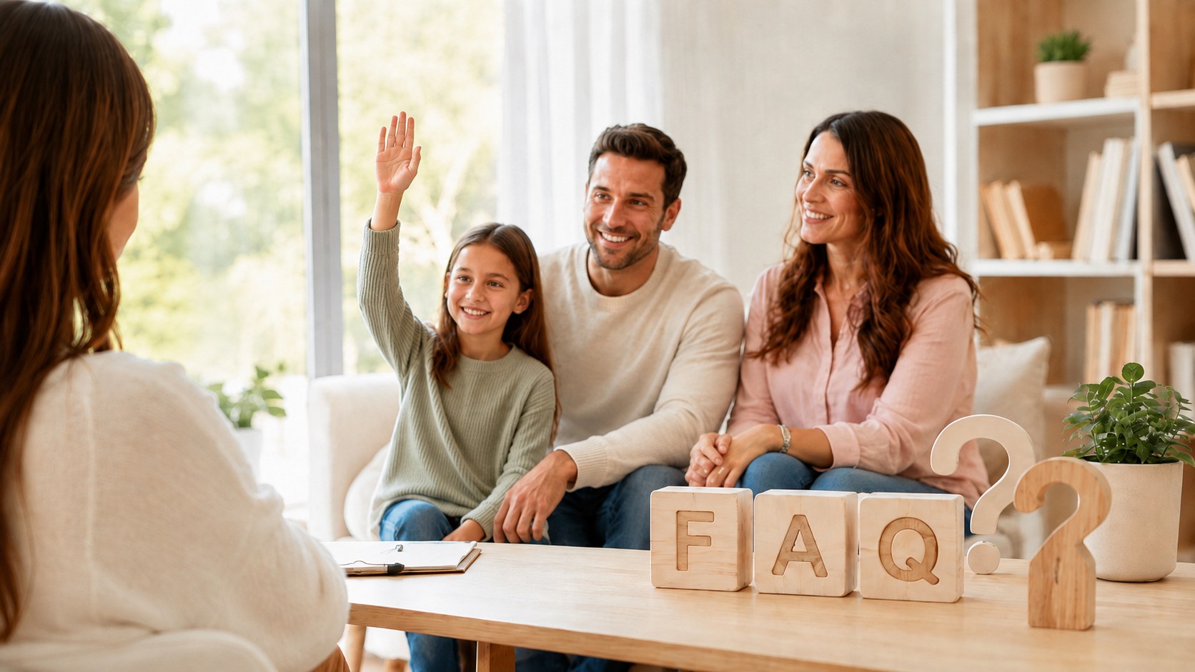 Une famille échange avec une coach autour de questions fréquentes