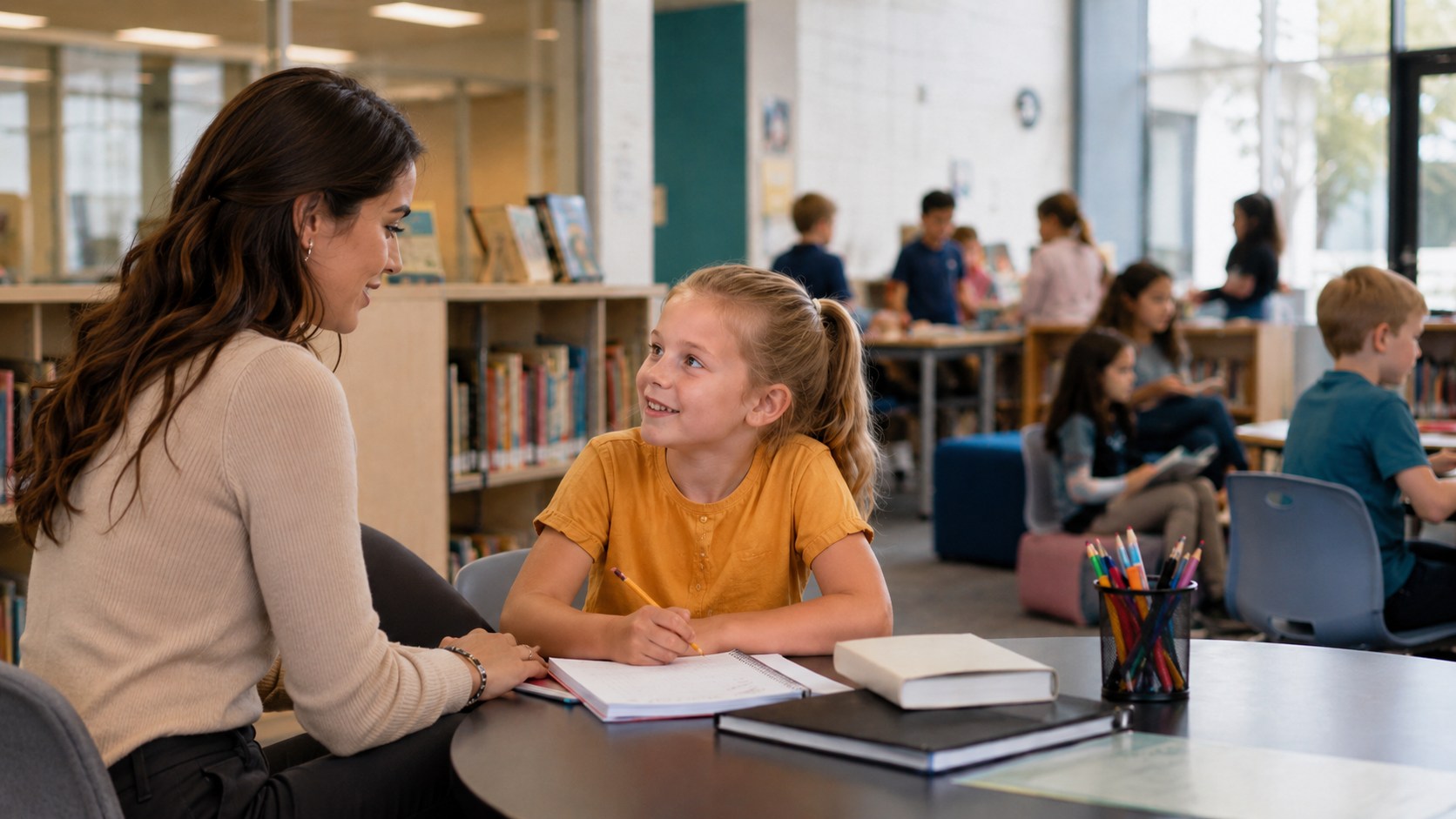 Une intervenante accompagne une enfant dans une bibliothèque scolaire
