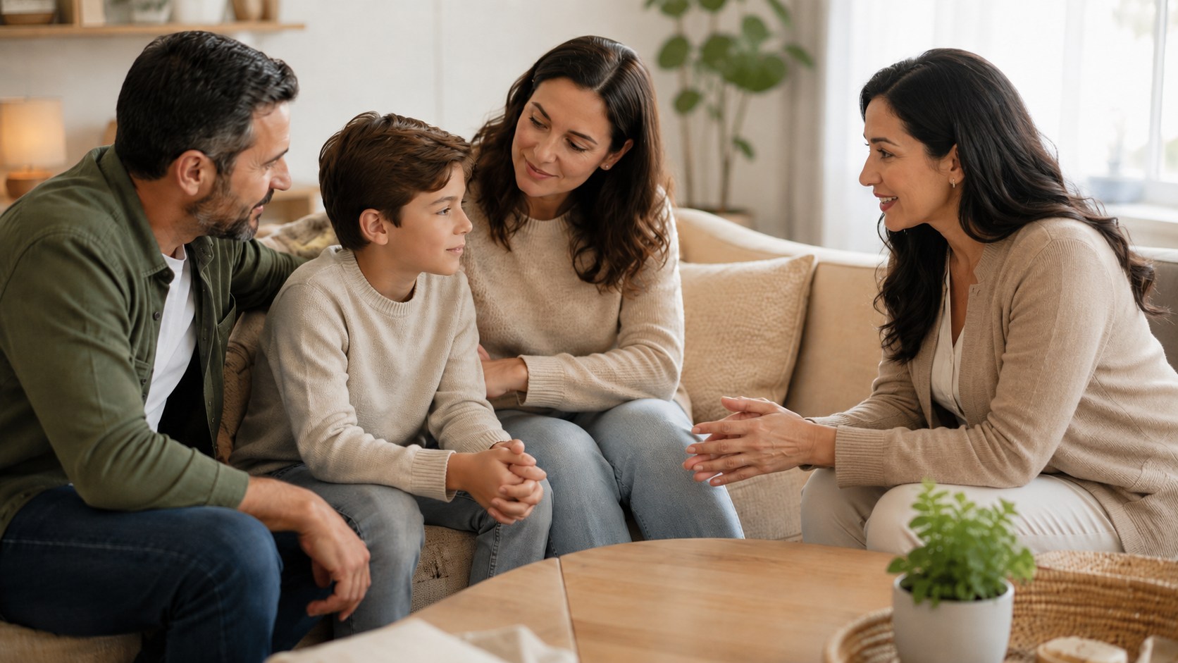 Une coach familiale échange avec deux parents et leur enfant dans un salon